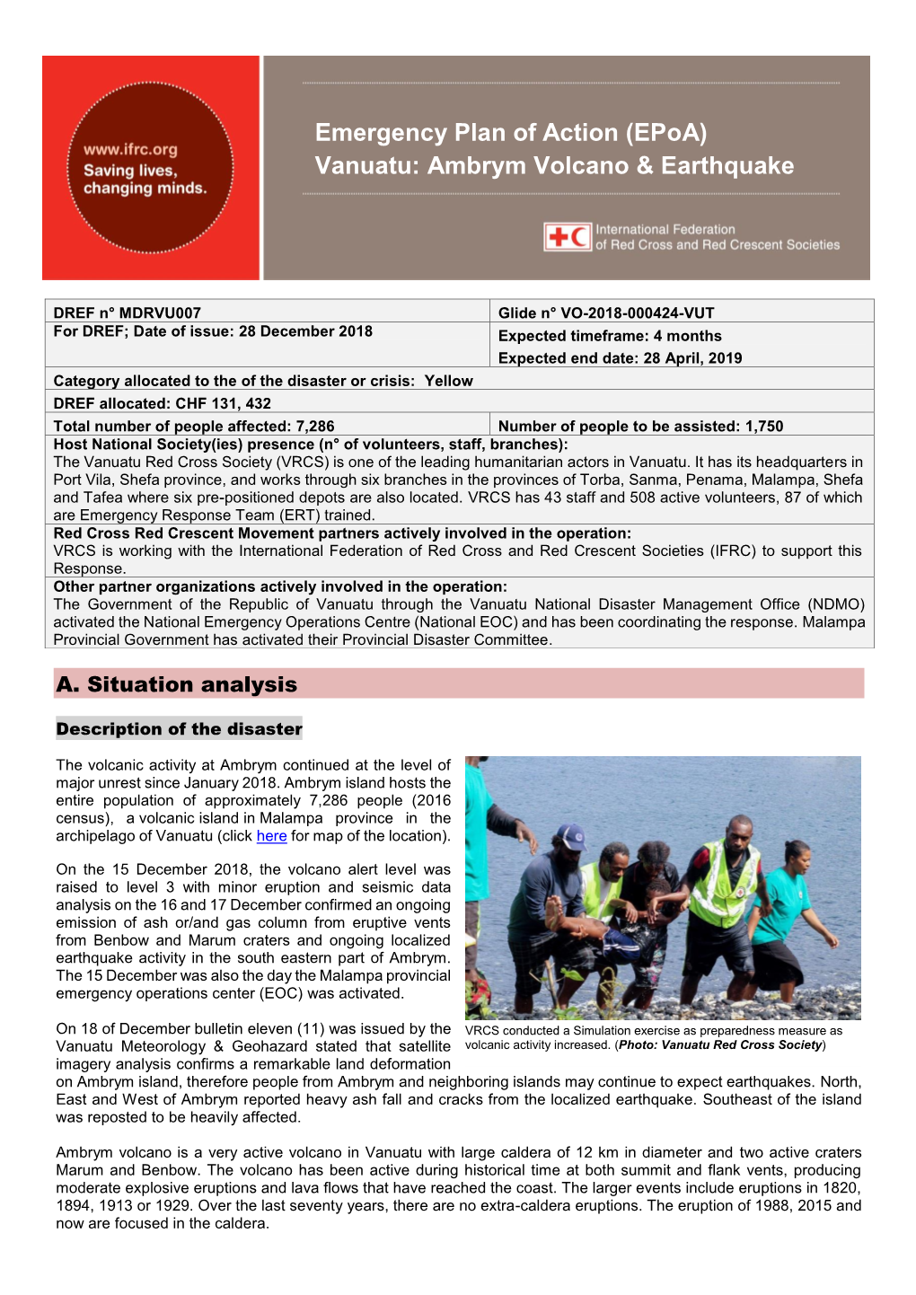 Emergency Plan of Action (Epoa) Vanuatu: Ambrym Volcano & Earthquake