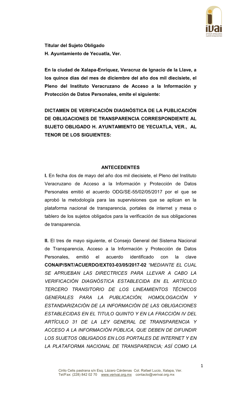 1 Titular Del Sujeto Obligado H. Ayuntamiento De Yecuatla, Ver. En