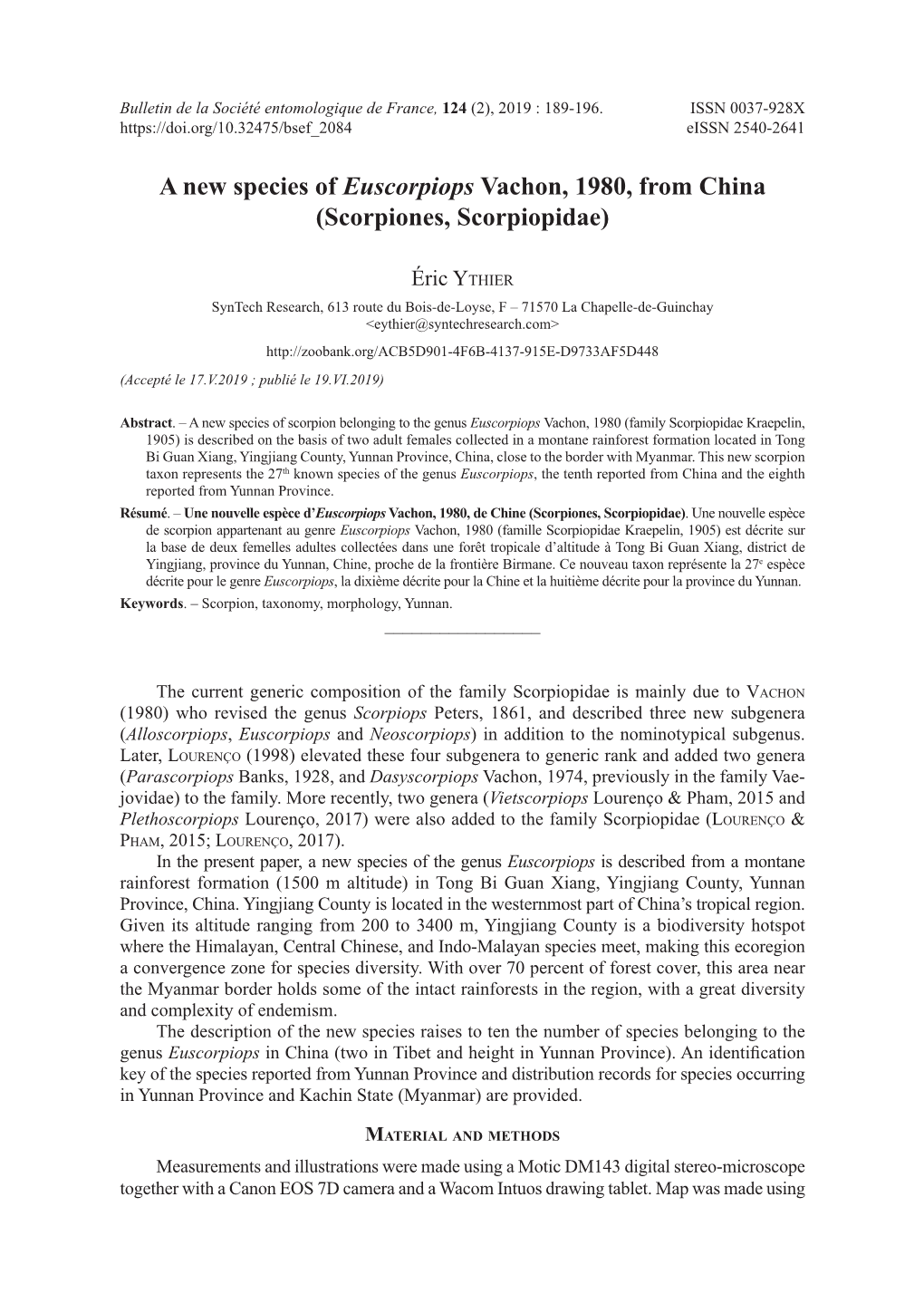 A New Species of Euscorpiops Vachon, 1980, from China (Scorpiones, Scorpiopidae)