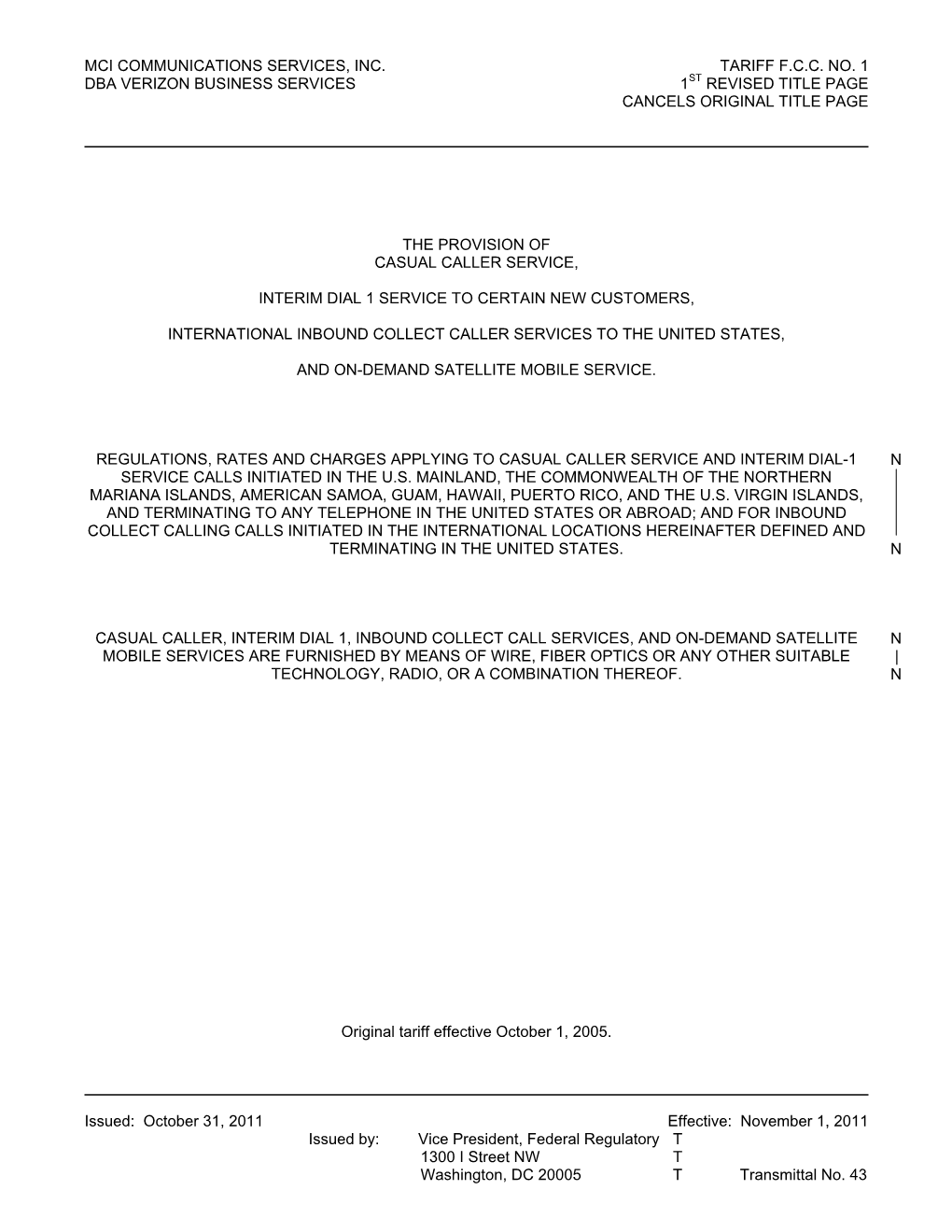 Mci Communications Services, Inc. Tariff F.C.C. No. 1 Dba Verizon Business Services 1St Revised Title Page Cancels Original Title Page