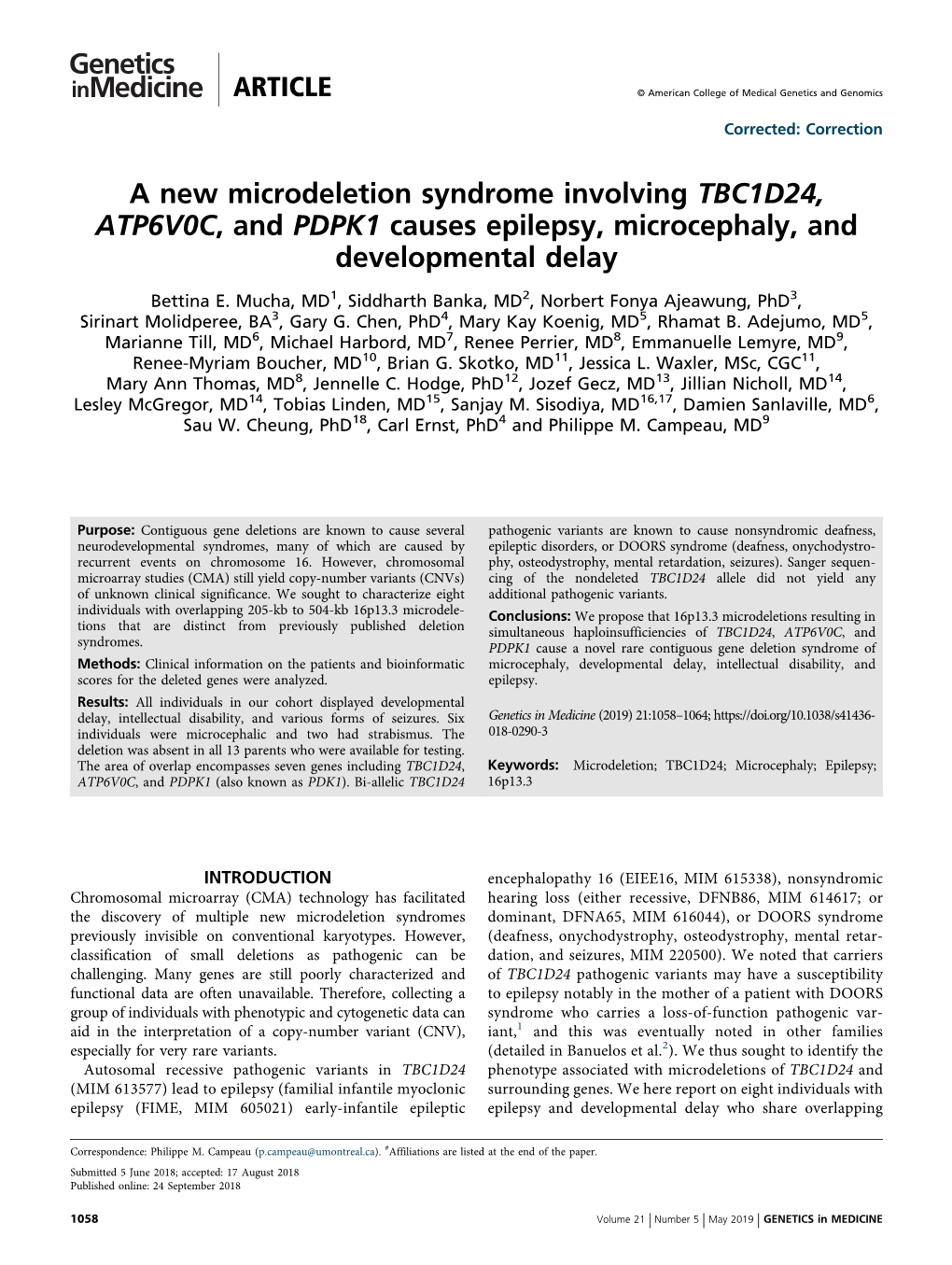 A New Microdeletion Syndrome Involving TBC1D24, ATP6V0C, and PDPK1 Causes Epilepsy, Microcephaly, and Developmental Delay