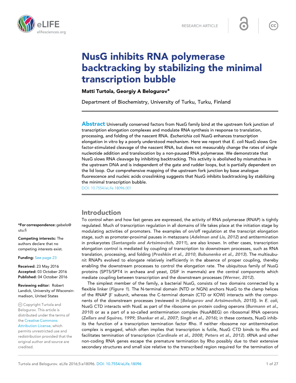 Nusg Inhibits RNA Polymerase Backtracking by Stabilizing the Minimal Transcription Bubble Matti Turtola, Georgiy a Belogurov*