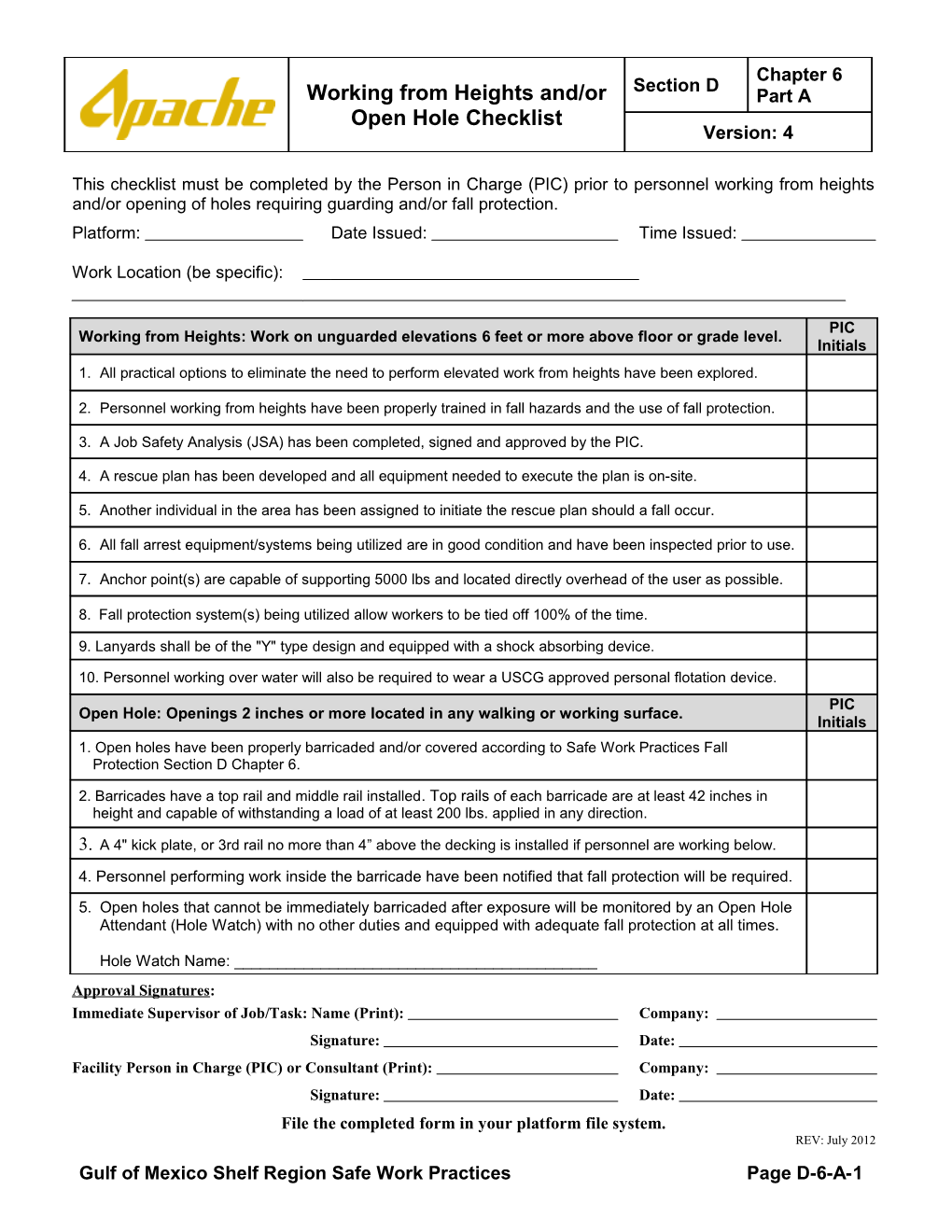 Working from Heights And/Or Open Hole Checklist