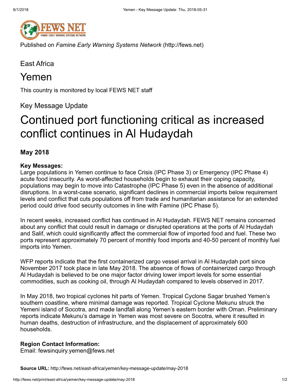Continued Port Functioning Critical As Increased Conflict Continues in Al Hudaydah