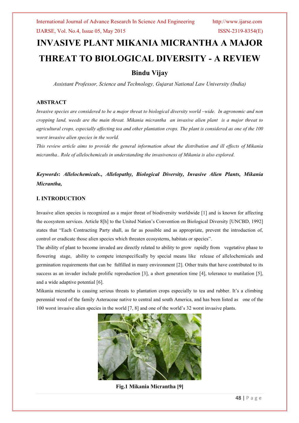 Invasive Plant Mikania Micrantha a Major