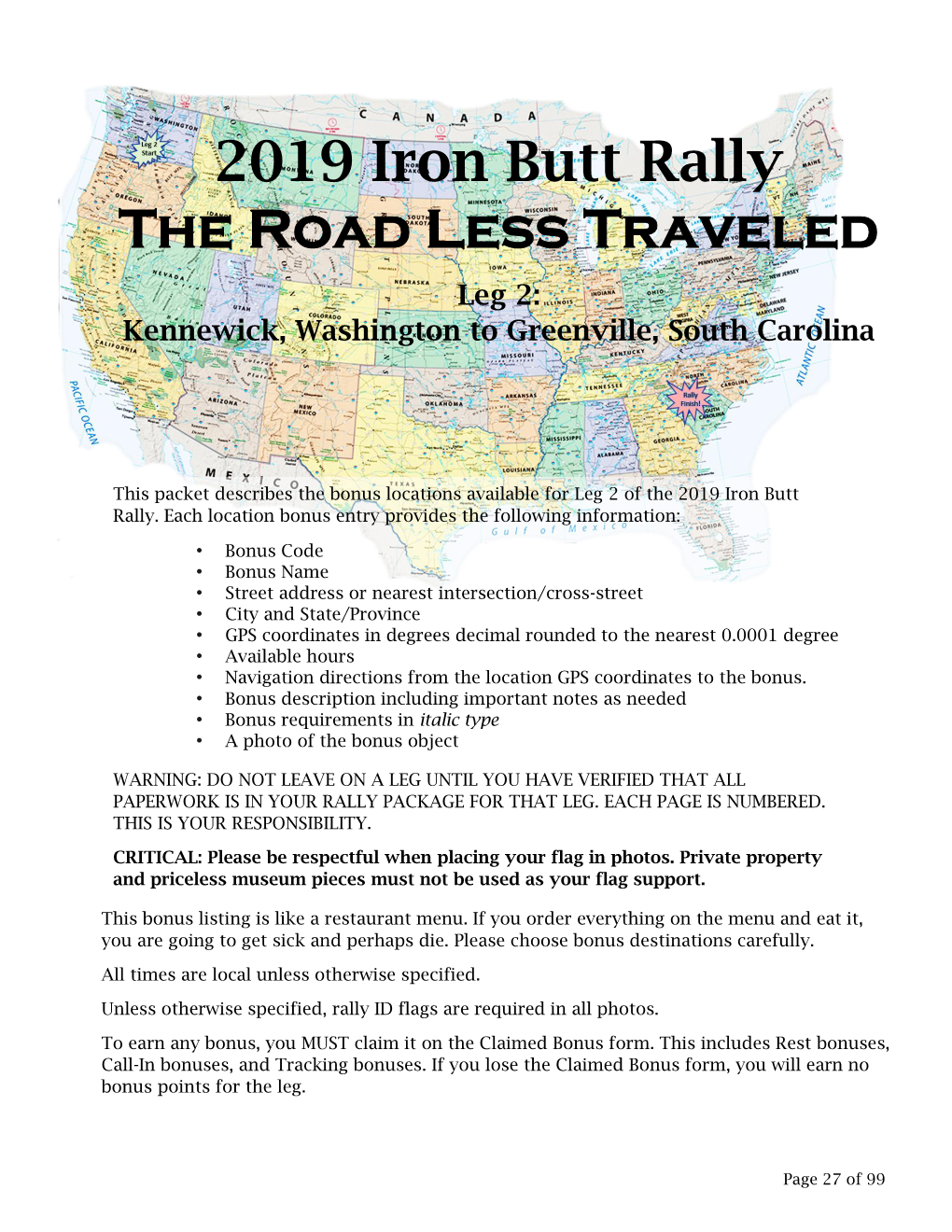 2019 Iron Butt Rally the Road Less Traveled Leg 2: Kennewick, Washington to Greenville, South Carolina