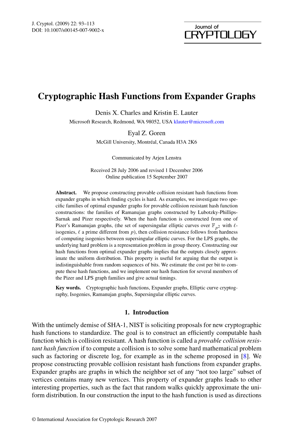 Cryptographic Hash Functions from Expander Graphs