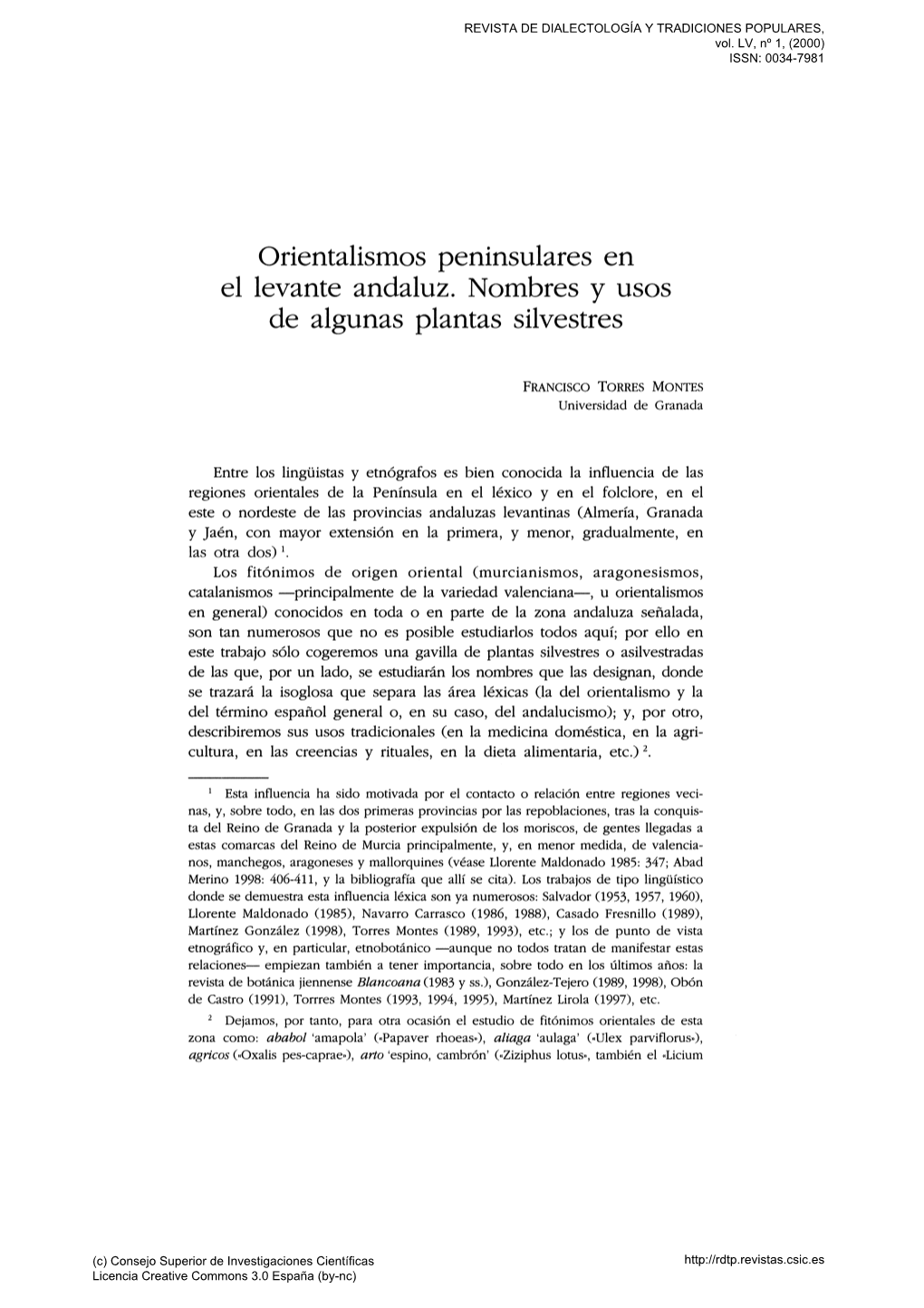 Orientalismos Peninsulares En El Levante Andaluz. Nombres Y Usos De Algunas Plantas Silvestres