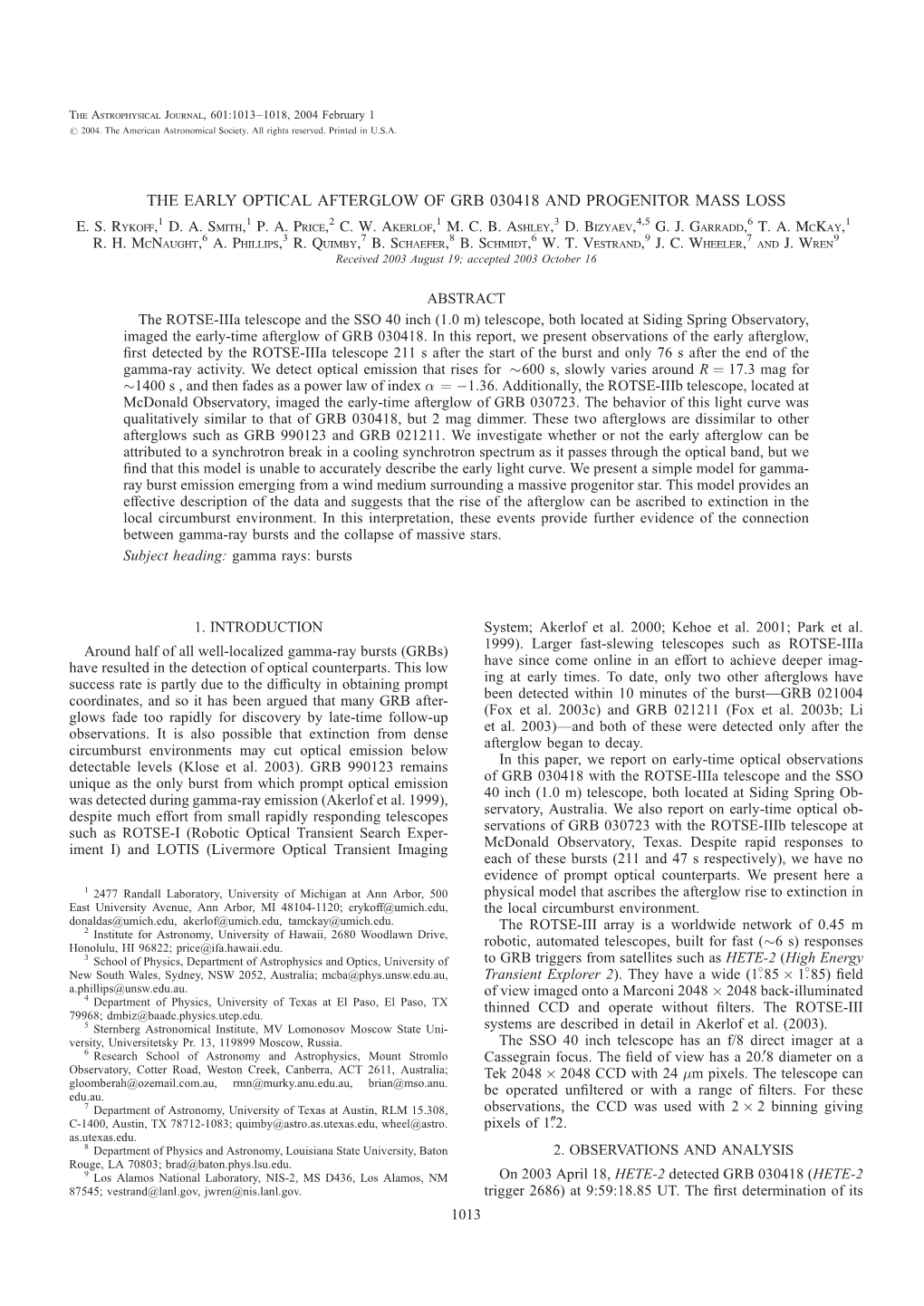 The Early Optical Afterglow of Grb 030418 and Progenitor Mass Loss E