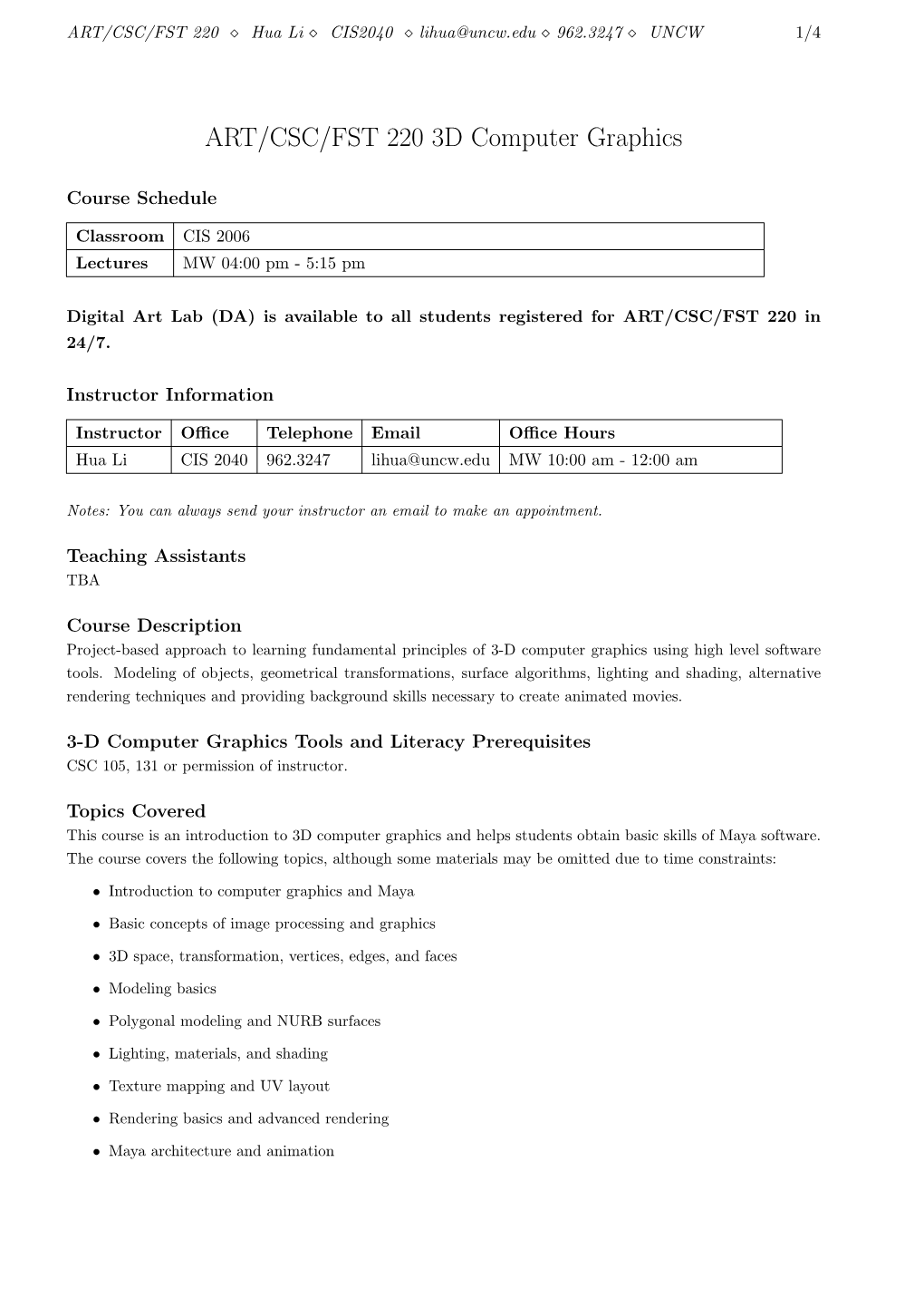 ART/CSC/FST 220 3D Computer Graphics