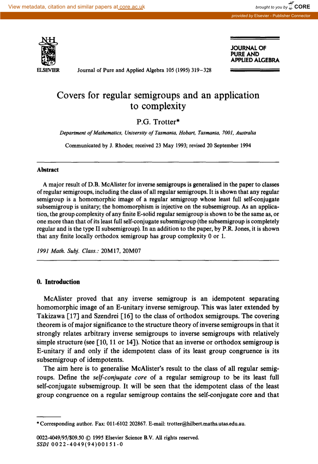 Covers for Regular Semigroups and an Application to Complexity