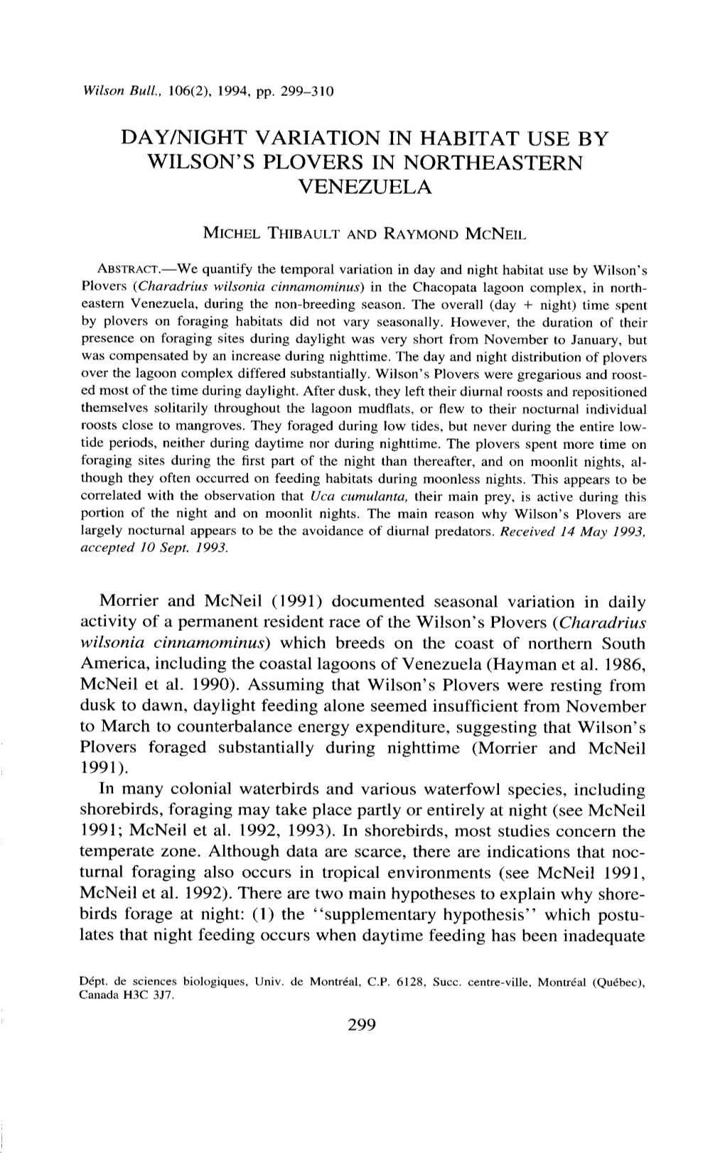 Day/Night Variation in Habitat Use by Wilson's Plovers in Northeastern Venezuela