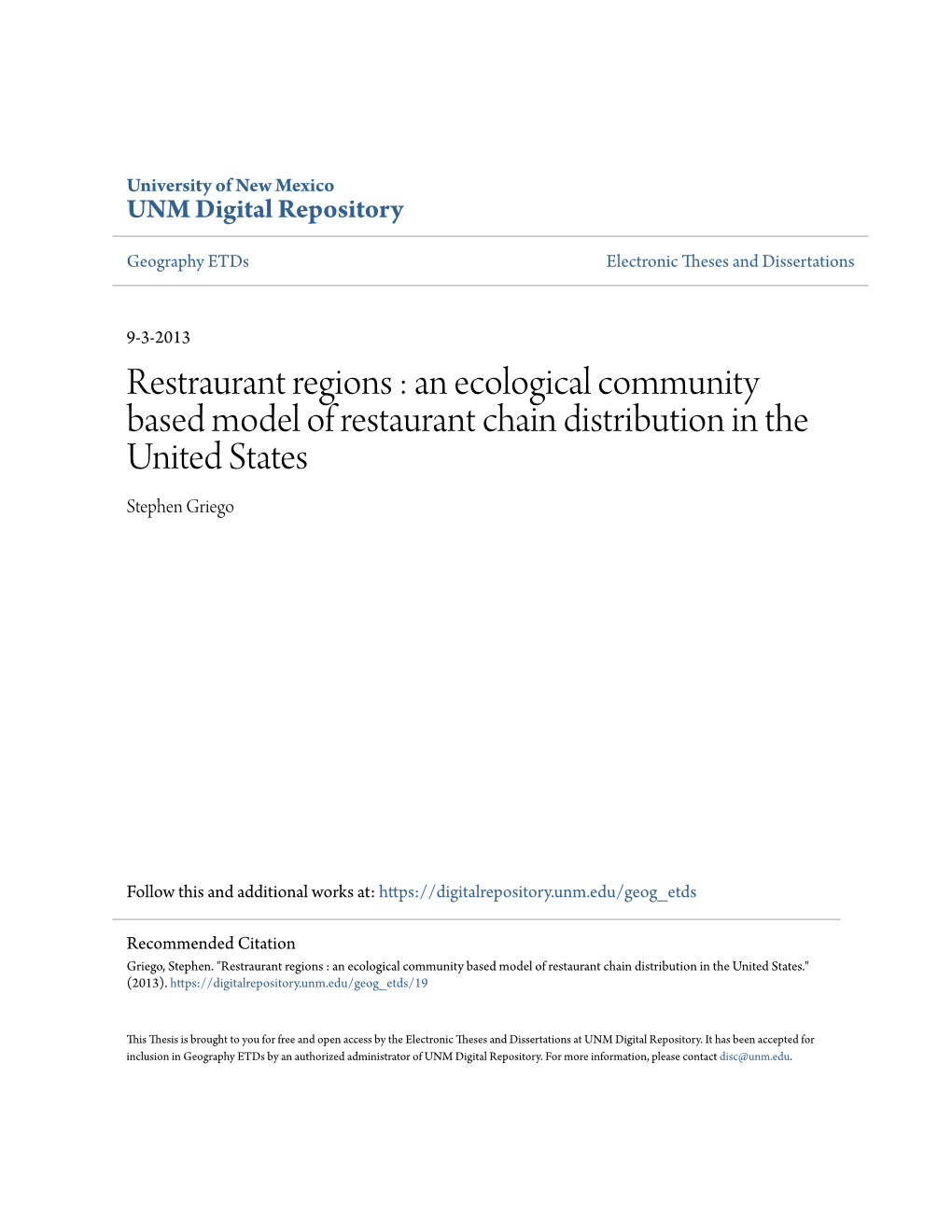 An Ecological Community Based Model of Restaurant Chain Distribution in the United States Stephen Griego