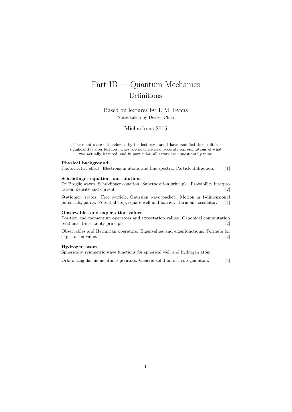 Quantum Mechanics Deﬁnitions