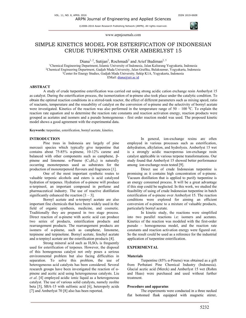 Simple Kinetics Model for Esterification of Indonesian Crude Turpentine Over Amberlyst 15