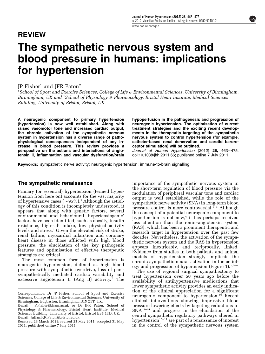 The Sympathetic Nervous System and Blood Pressure in Humans: Implications for Hypertension