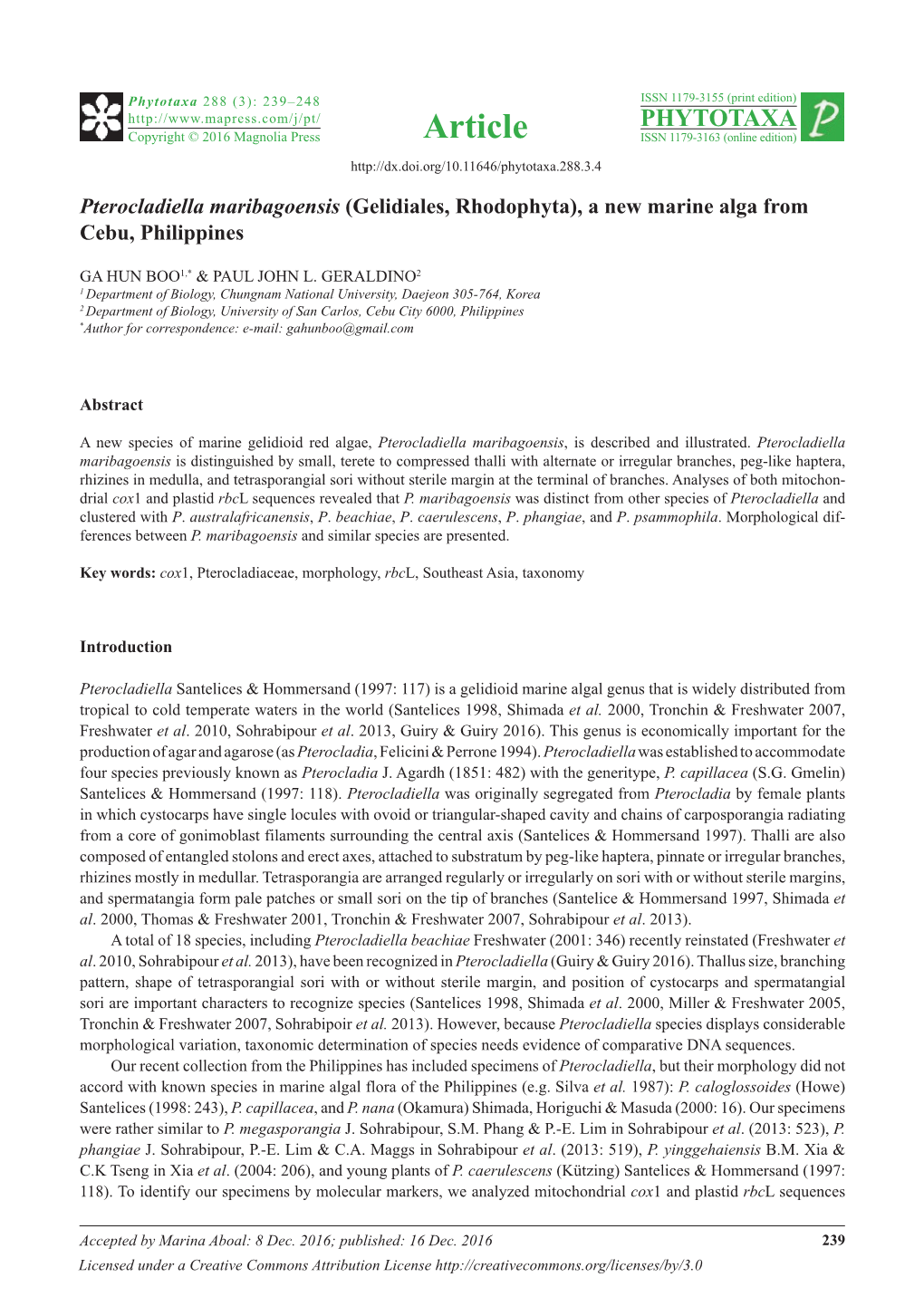 Pterocladiella Maribagoensis (Gelidiales, Rhodophyta), a New Marine Alga from Cebu, Philippines