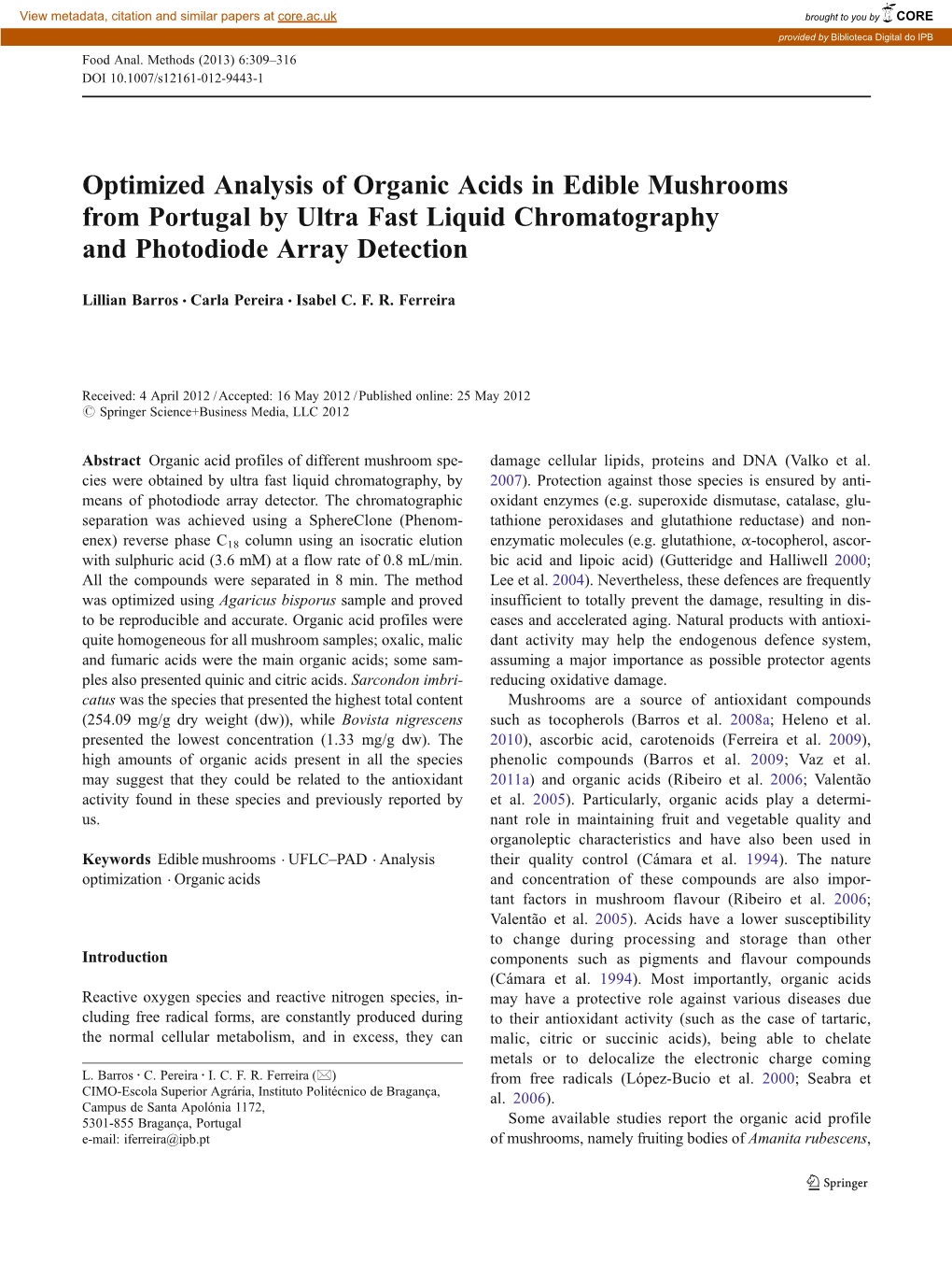 Optimized Analysis of Organic Acids in Edible Mushrooms from Portugal by Ultra Fast Liquid Chromatography and Photodiode Array Detection