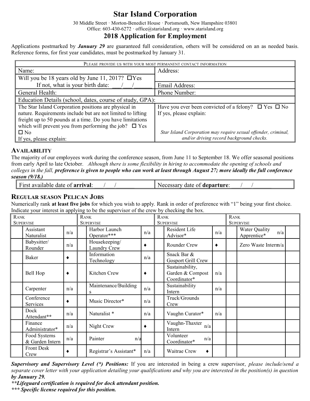 2001 Application for Employment at Star Island