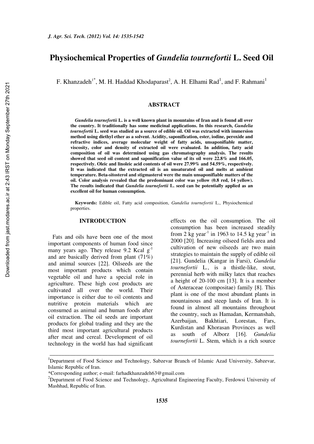 Physiochemical Properties of Gundelia Tournefortii L. Seed Oil