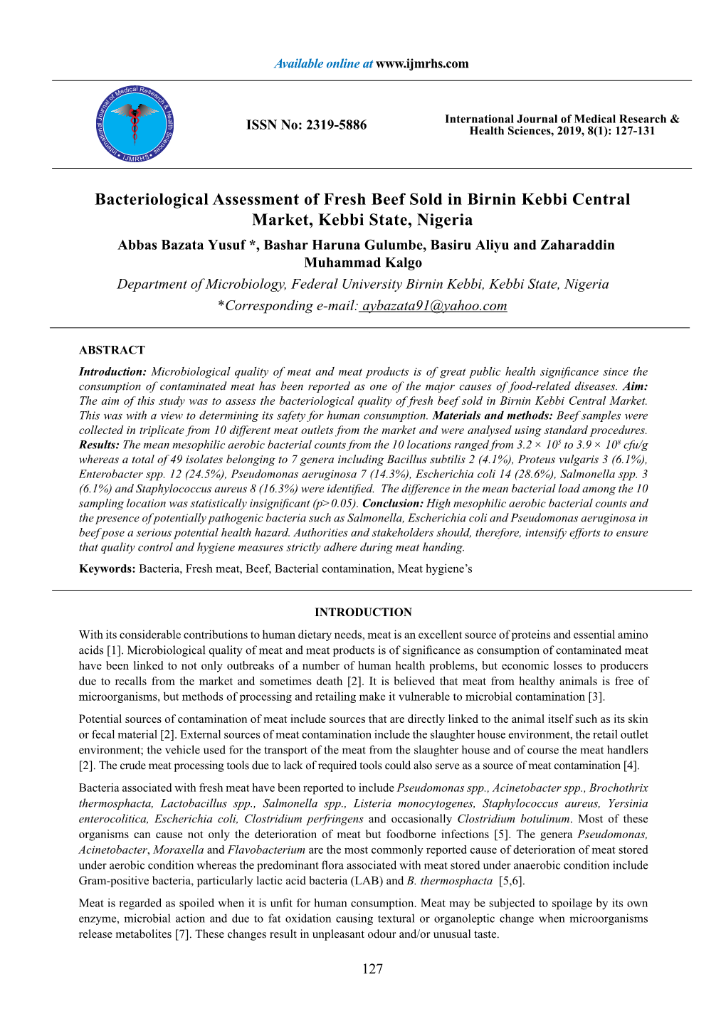 Bacteriological Assessment of Fresh Beef Sold in Birnin Kebbi Central