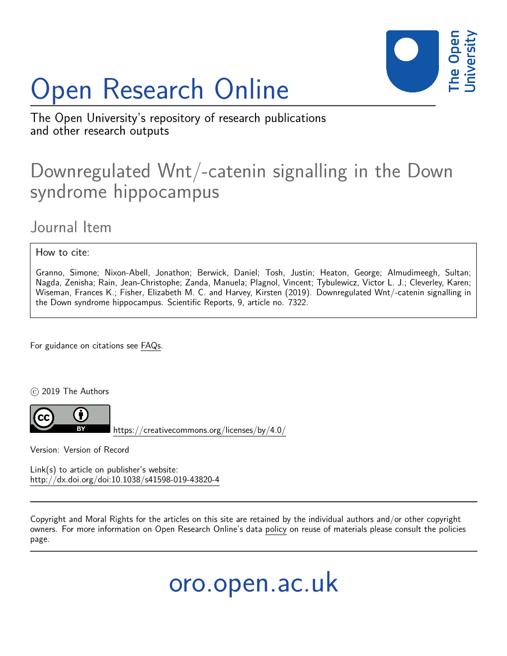 Downregulated Wnt/-Catenin Signalling in the Down Syndrome Hippocampus
