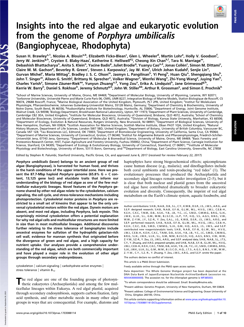 Insights Into the Red Algae and Eukaryotic Evolution from the Genome of Porphyra Umbilicalis (Bangiophyceae, Rhodophyta)