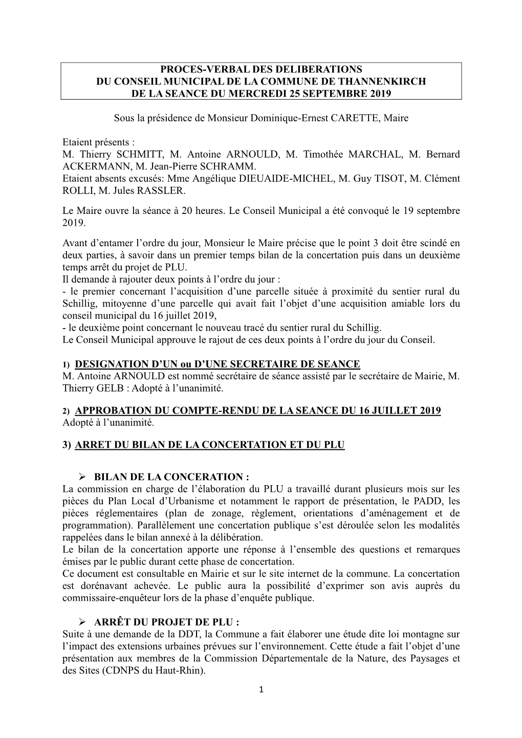 Proces-Verbal Des Deliberations Du Conseil Municipal De La Commune De Thannenkirch De La Seance Du Mercredi 25 Septembre 2019
