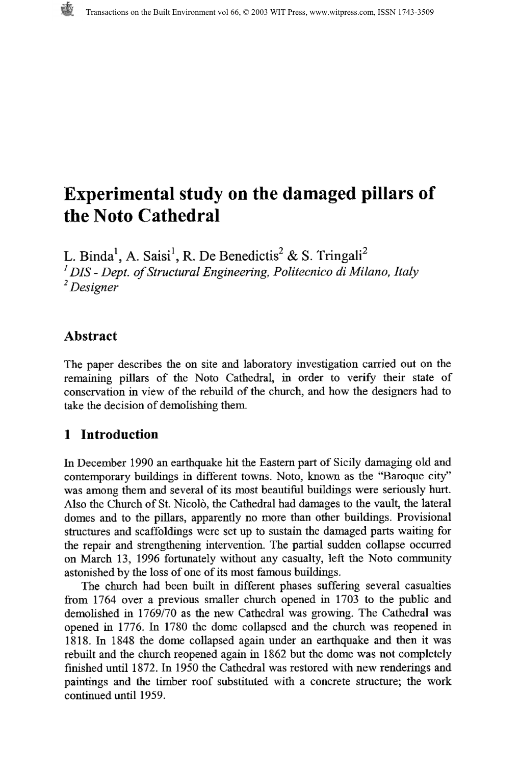 Experimental Study on the Damaged Pillars of the Noto Cathedral