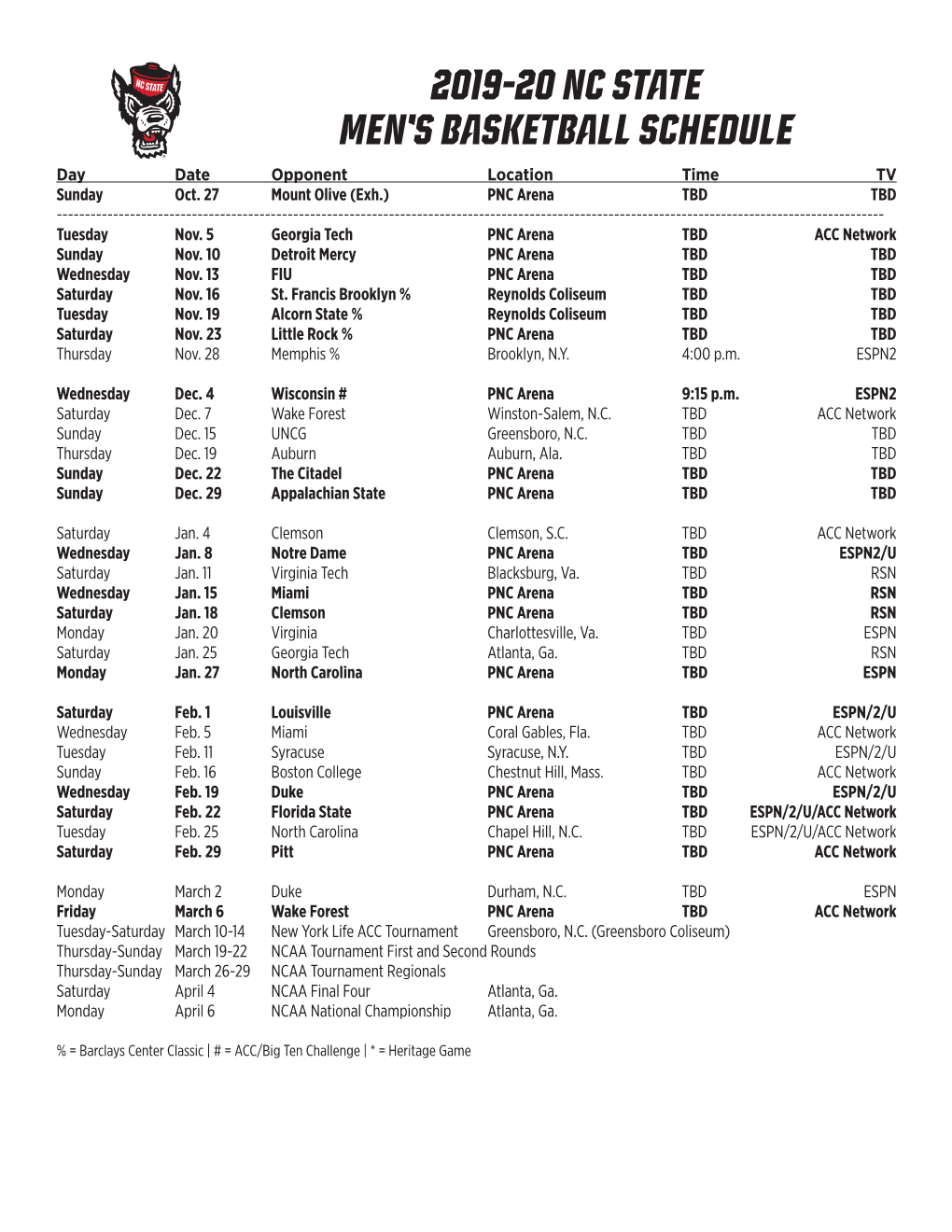 2019-20 NC State Men's Basketball Schedule