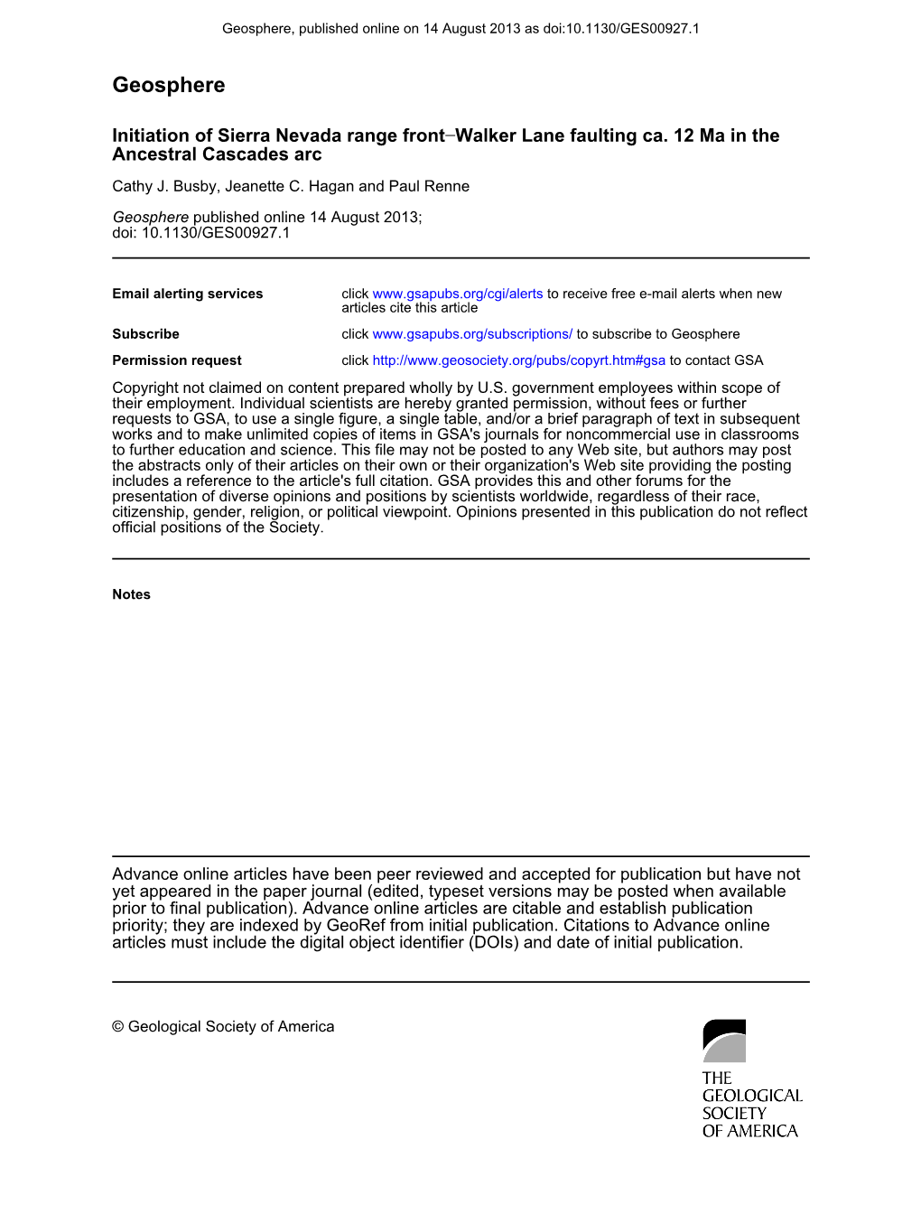 Geosphere, Published Online on 14 August 2013 As Doi:10.1130/GES00927.1