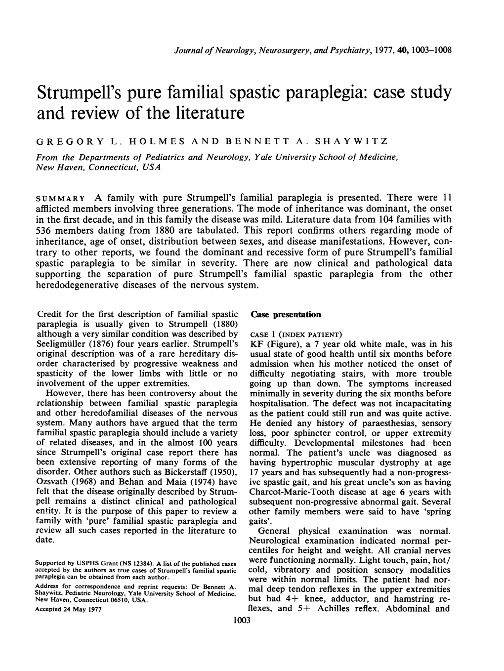 Strumpell's Pure Familial Spastic Paraplegia: Case Study and Review of the Literature