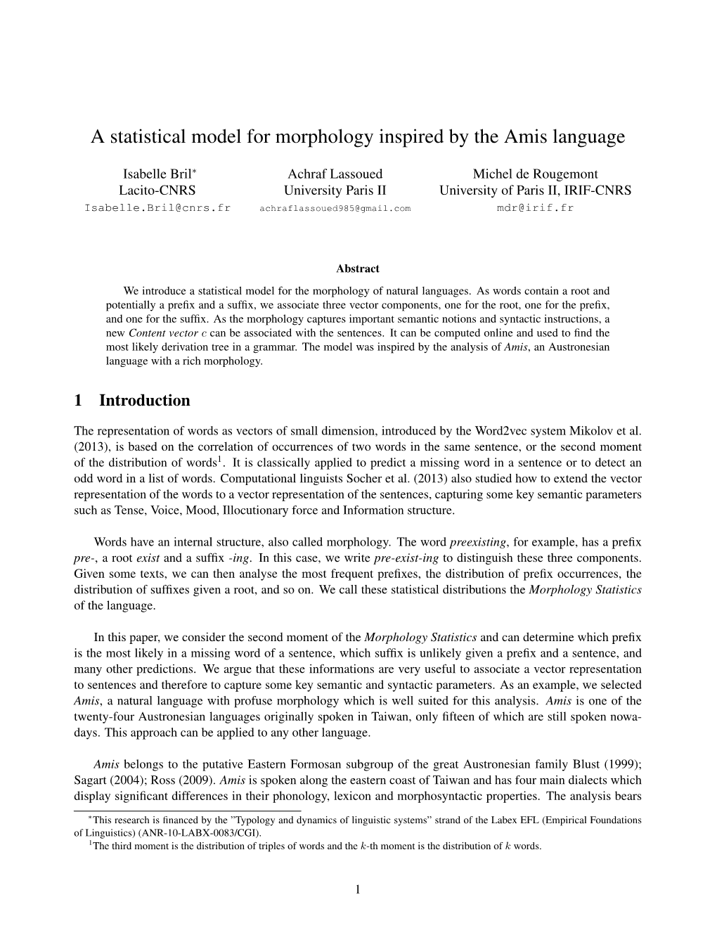 A Statistical Model for Morphology Inspired by the Amis Language