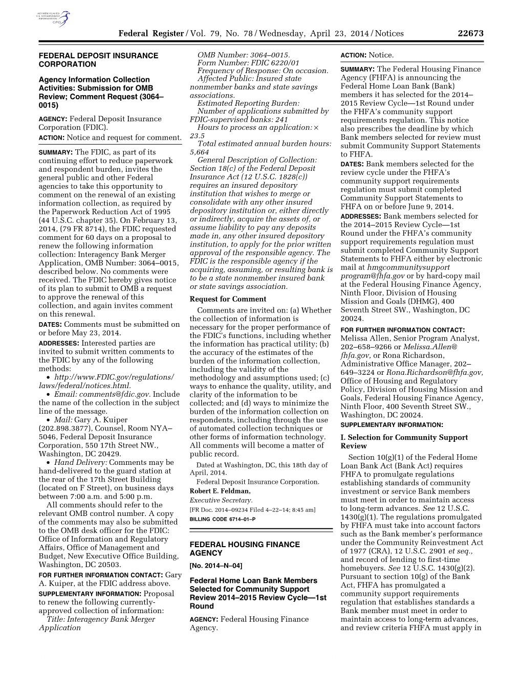 Federal Register/Vol. 79, No. 78/Wednesday, April 23, 2014