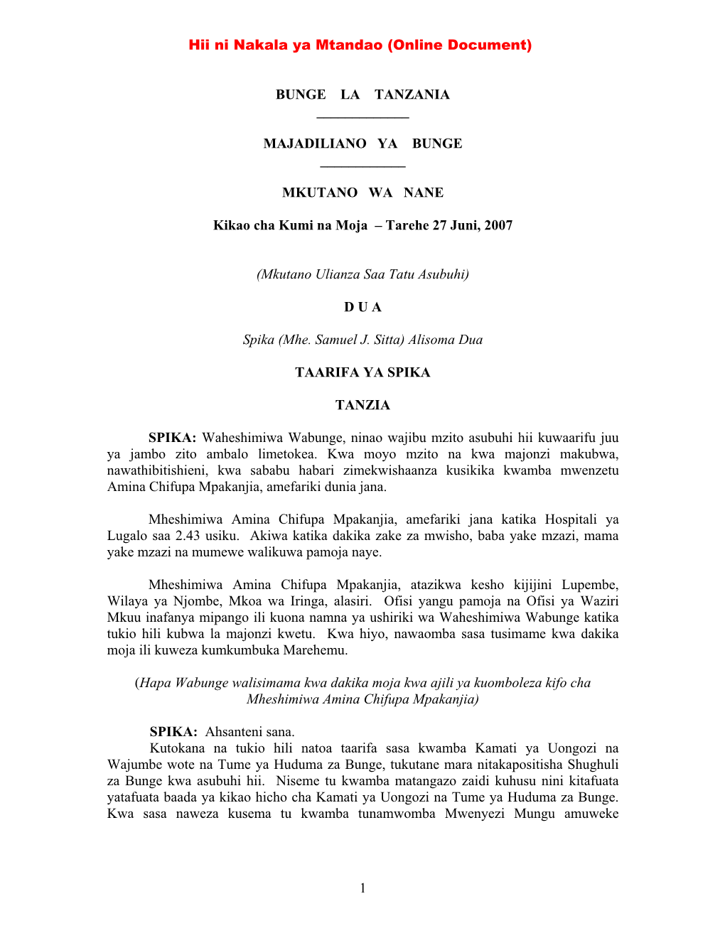 1 BUNGE LA TANZANIA ___MAJADILIANO YA BUNGE ___MKUTANO WA NANE Kikao Cha Kumi Na Moja