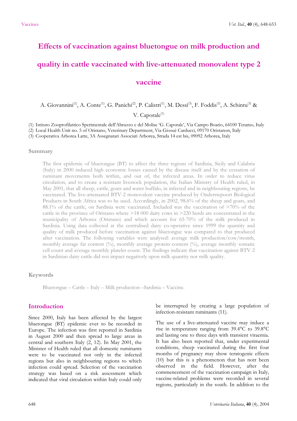 Effects of Vaccination Against Bluetongue on Milk Production And