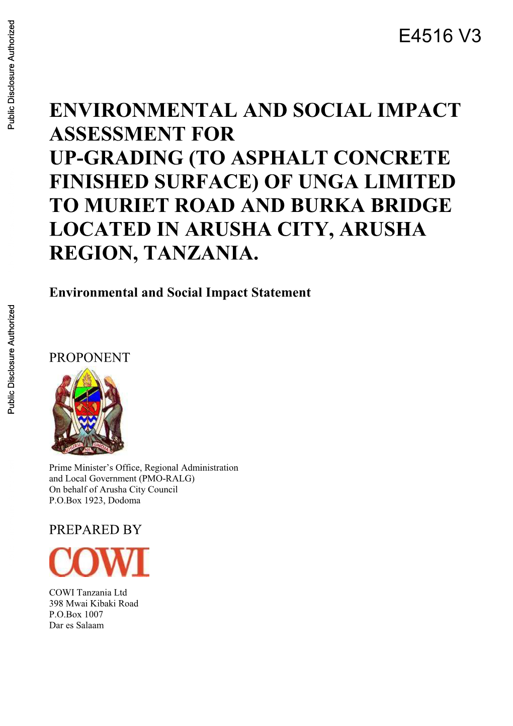 (To Asphalt Concrete Finished Surface) of Unga Limited to Muriet Road and Burka Bridge Located in Arusha City, Arusha Region, Tanzania