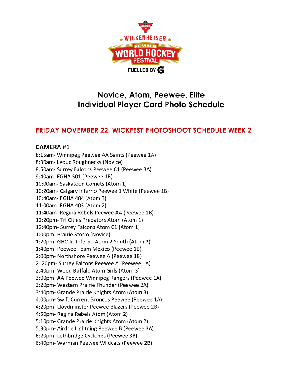 Novice, Atom, Peewee, Elite Individual Player Card Photo Schedule