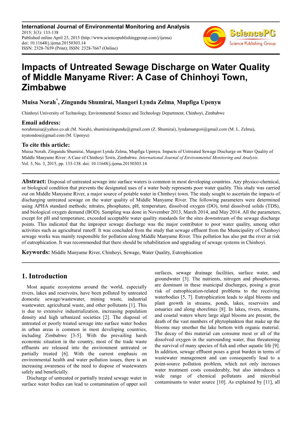 Impacts of Untreated Sewage Discharge on Water Quality of Middle Manyame River: a Case of Chinhoyi Town, Zimbabwe