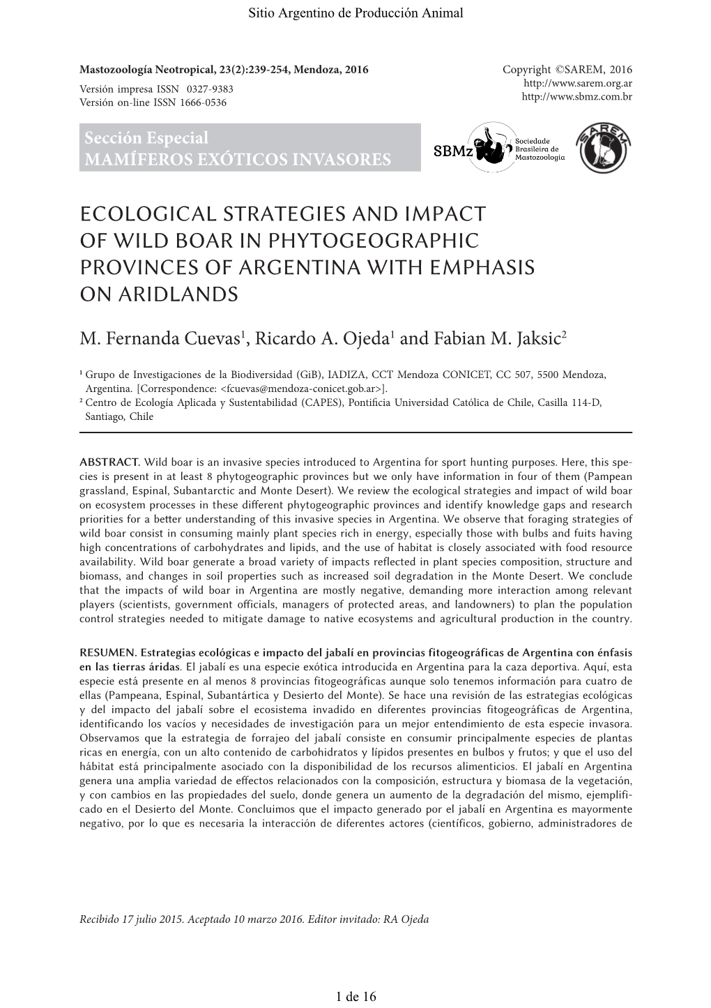 Ecological Strategies and Impact of Wild Boar in Phytogeographic Provinces of Argentina with Emphasis on Aridlands