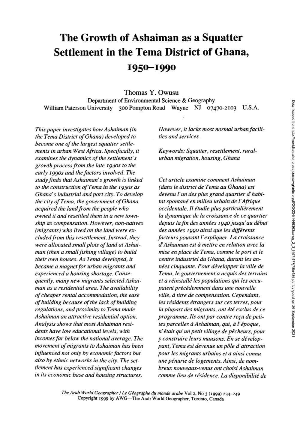 The Growth of Ashaiman As a Squatter Settlement in the Tema District of Ghana, 1950-1990