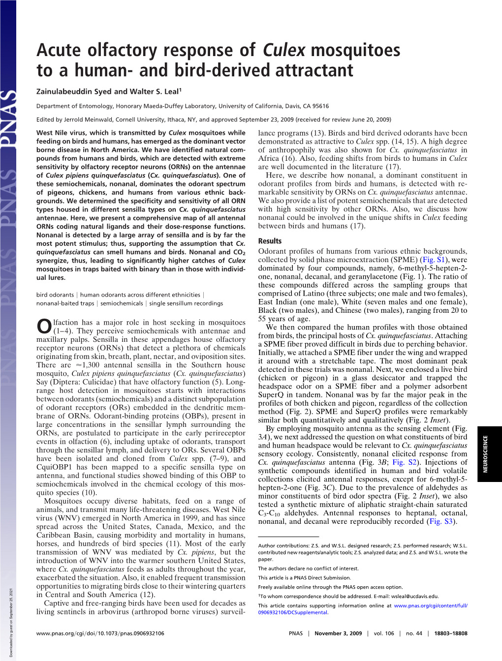 Acute Olfactory Response of Culex Mosquitoes to a Human- and Bird-Derived Attractant