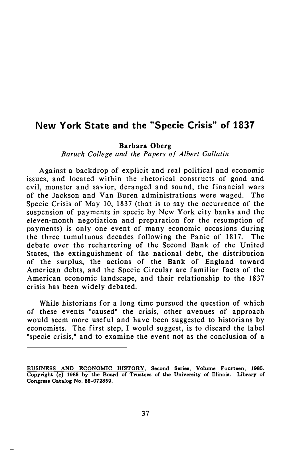 New York State and the Specie Crisis of 1837