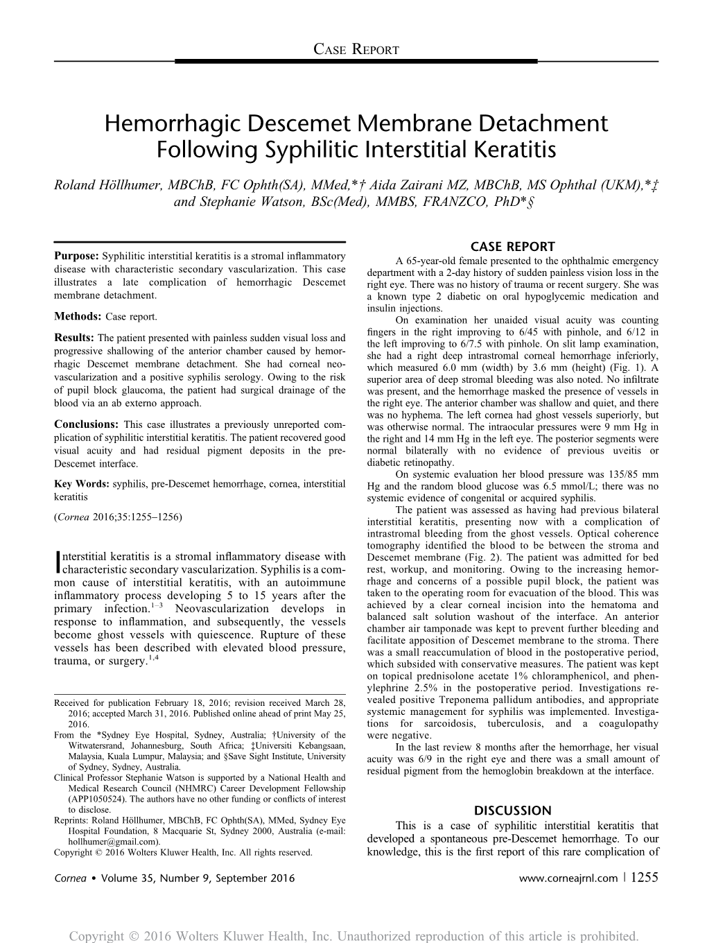 Hemorrhagic Descemet Membrane Detachment Following Syphilitic Interstitial Keratitis