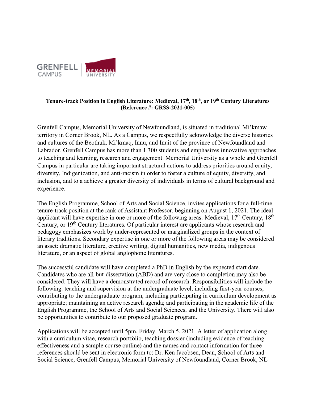 Tenure-Track Position in English Literature: Medieval, 17Th, 18Th, Or 19Th Century Literatures (Reference #: GRSS-2021-005)
