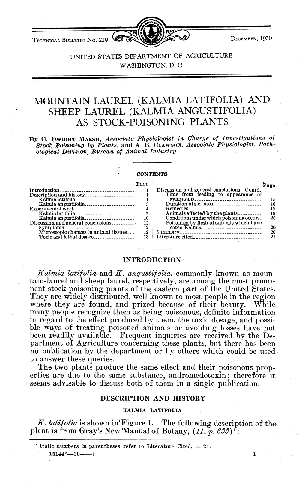 Mountain-Laurel (Kalmia Latifolia) and Sheep Laurel (Kalmia Angustifolia) As Stock-Poisoning Plants