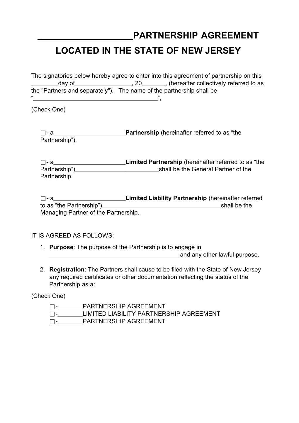 Partnership Agreement Located in the State of New Jersey