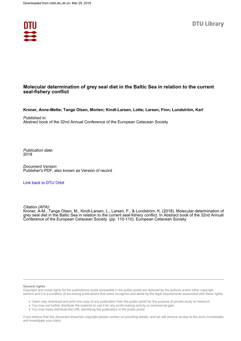 Molecular Determination of Grey Seal Diet in the Baltic Sea in Relation to the Current Seal-Fishery Conflict