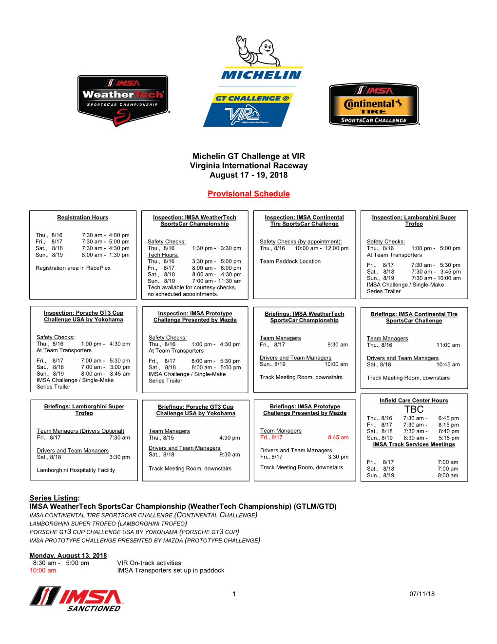 2018 IMSA Provisional Schedule and SR VIR 071118 V1