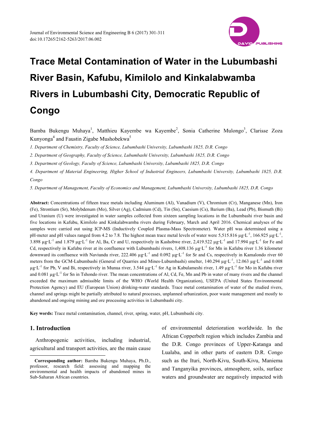 Trace Metal Contamination of Water in the Lubumbashi River Basin, Kafubu, Kimilolo and Kinkalabwamba Rivers in Lubumbashi City, Democratic Republic of Congo